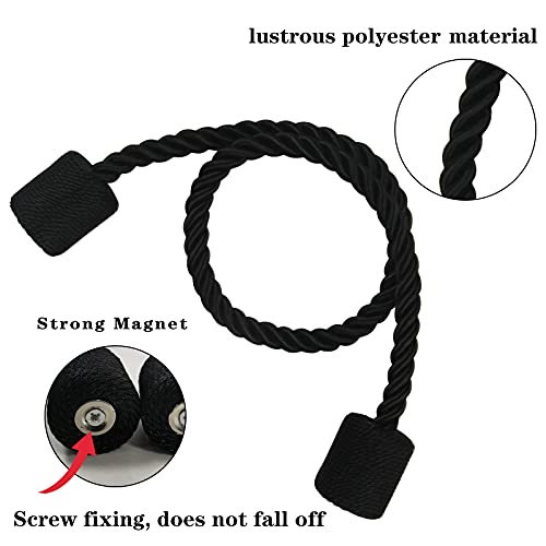 Magnetic Curtain Tiebacks 2 Pack - Black Woven Rope Holdbacks No Drill