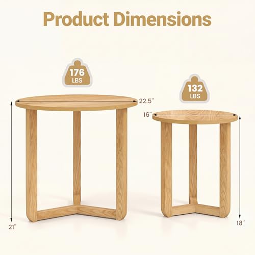 2-Piece Round Nesting Coffee Table Set, Solid Wood Tripod Side Tables
