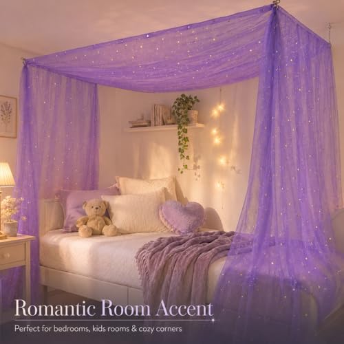 Purple Star Moon Bed Canopy for Kids Room, Sheer Tulle Drape 60x158 Inches