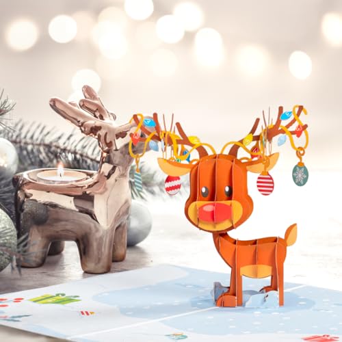 Paper Love 3D Reindeer Pop Up Christmas Card with Envelope & Removable Note Tag (5 x 7) - Reindeer Variation