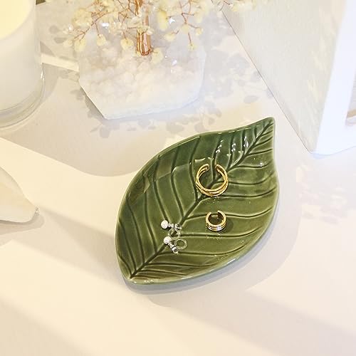 LZBALUYO Green Leaf Ceramic Jewelry Dish - Ring & Trinket Holder, Variation A