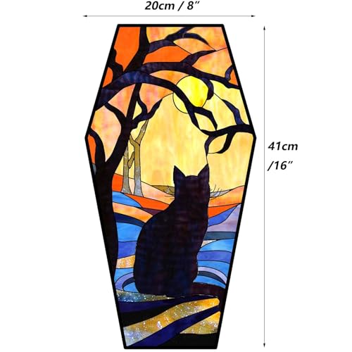 Coffin Shaped Stained Glass Panel - Black Cat and Full Moon