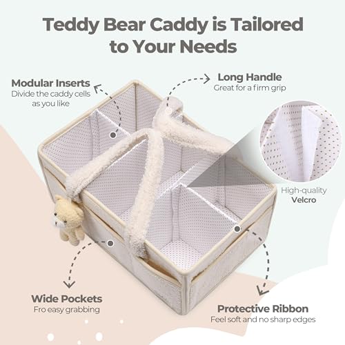 PeraBella Sherpa Baby Diaper Caddy Organizer with Handle & Teddy Bear