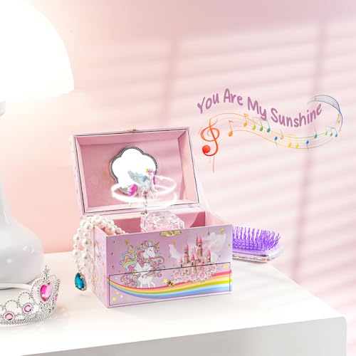 Unicorn Jewelry Box for Kids with Musical Movement and Storage Drawer