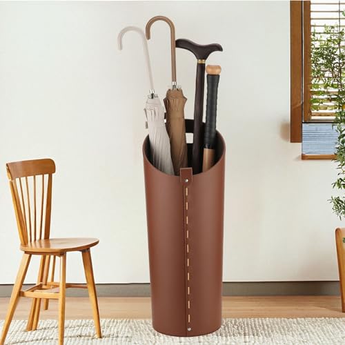 Modern Brown Leather Umbrella Stand with Drip Tray for Entryway