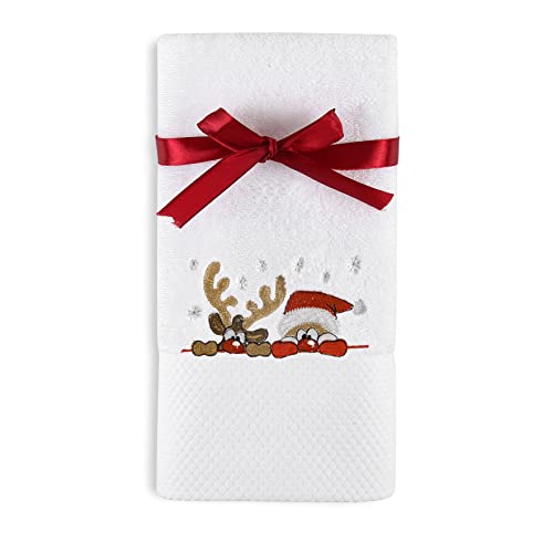 Quera White Christmas Hand Towel - 100% Cotton, Embroidered Reindeer & Santa, 14 x 30 in