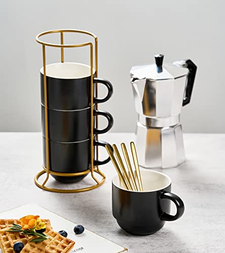 Black Stackable Coffee Mug Set of 4 with Stand & Spoons - 11oz