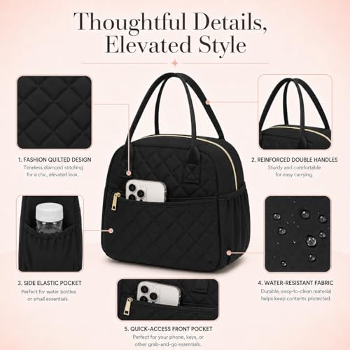 Insulated Lunch Bag for Women - Leakproof Quilted Thermal Lunch Tote (Black)