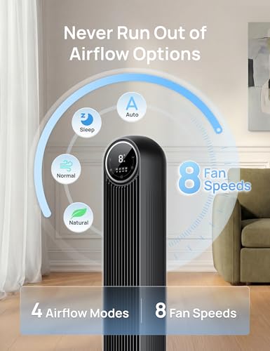 DREO Tower Fan for Bedroom, 20dB Ultra Quiet, 8 Speeds, 90° Oscillating DC Motor with Remote, Black