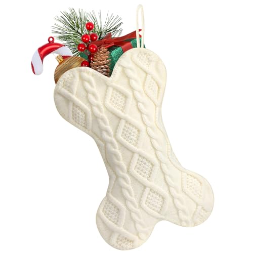 Hommtina Bone-Shaped Christmas Dog Stocking - White Knit Holiday Pet Decor