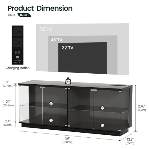 59-Inch Large Display Cabinet with Glass Doors, RGB Lights & Charger