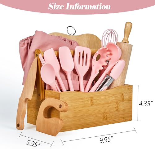 Kids Cooking and Baking Set with Storage Basket, Coral Pink 17-Piece