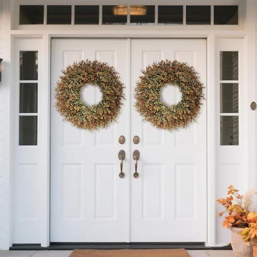 26-Inch Artificial Fall Boxwood Wreath for Front Door Autumn Home Decor