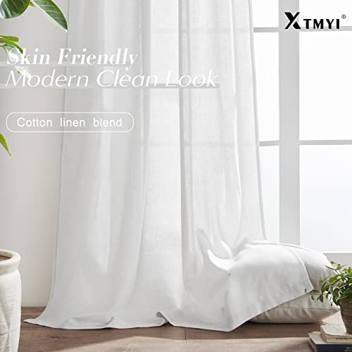 92-Inch White Linen Sheer Curtains - 2 Panels Set for Living Room & Bedroom