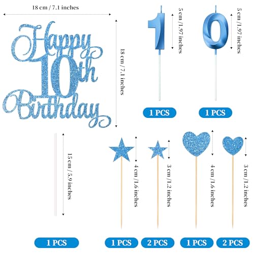 10th Birthday Cake Decoration Set with Number 10 Candle and Glitter Toppers