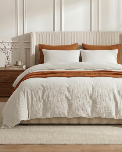 100% Washed Cotton Muslin Duvet Cover Set - 3-Piece Queen Bedding, White