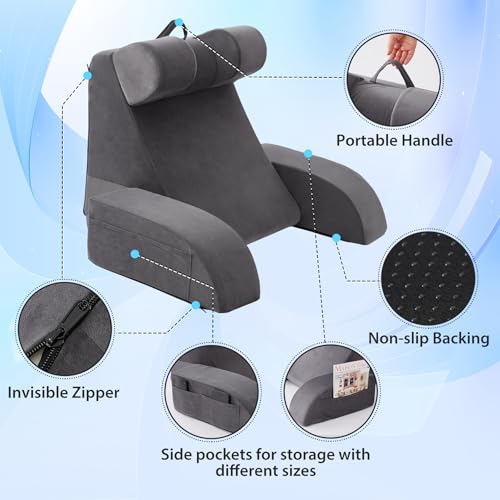 19" Reading Pillow with Back Support and Side Pockets - Grey