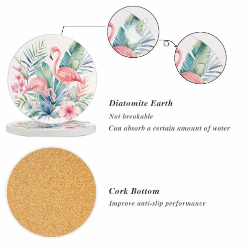 oFloral Pink Flamingo Coasters 4 Inch, Set of 2 – Tropical Palm Tree Drink Mats