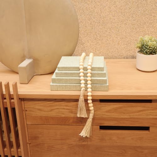 4-Piece Sage Linen Decorative Books Set with Wood Beaded Tassel