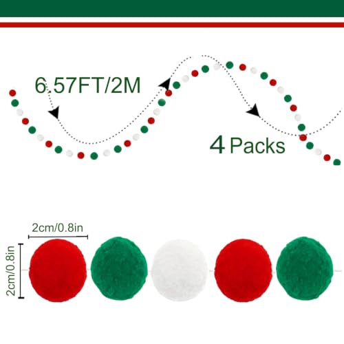 Alabzphsia 4Pack Christmas Pom Pom Garland 20mm Red Green White 6.57 ft Each