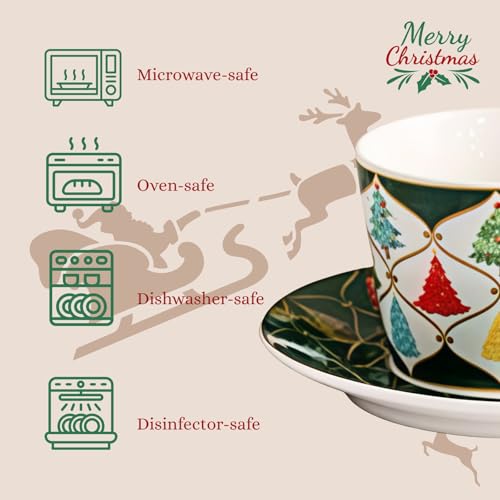 Fruasio Christmas Tree 2-Piece Espresso Cups & Saucers Set, 4 oz Ceramic Teacups with Green Gold Holiday Pattern (Gift Box)