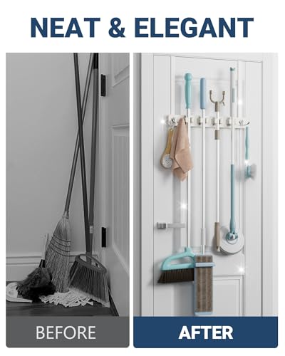 Over the Door Broom and Mop Holder - 4 Slots 4 Hooks Wood Rack