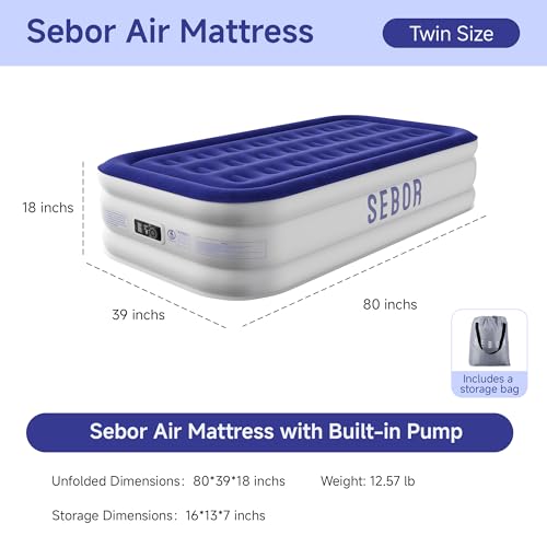 Self-Inflating Air Mattress with Built-In Pump, 18 Inch Twin Blow Up Bed