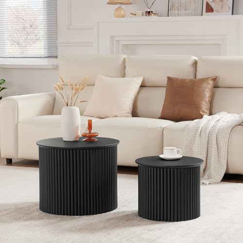 Fluted Round Nesting Coffee Table Set of 2, Modern Wood Accent Tables