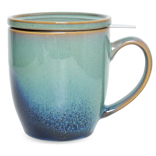 Bosmarlin 16 Oz Ceramic Tea Mug with Infuser & Lid - Pale Green, Microwave & Dishwasher Safe