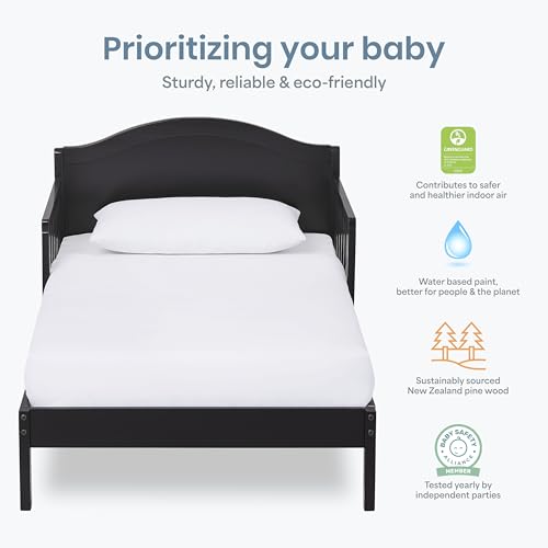 Solid Pinewood Toddler Bed Frame with Safety Rails & Arched Panel - Black