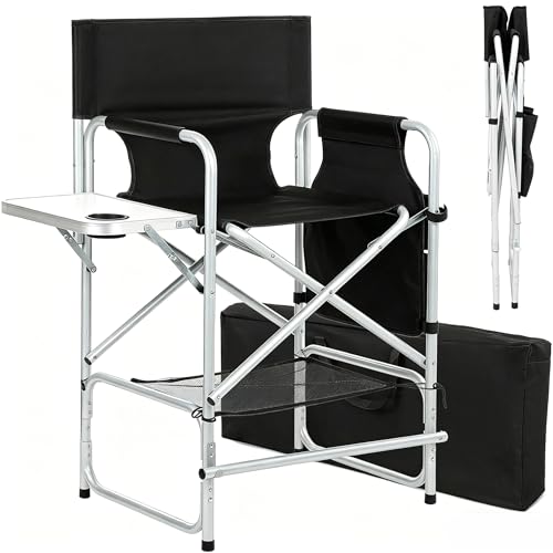 Tall Foldable Makeup Director Chair with Side Table and Storage Bag