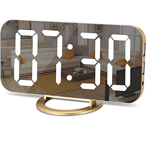 Digital Alarm Clock with LED Mirror Display & Dual USB Charging Ports - Gold