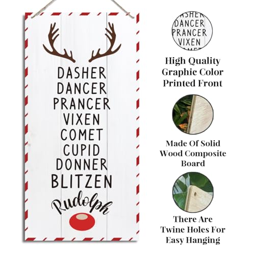 Reindeer Names Christmas Wooden Hanging Sign - Antler & Red Nose Pattern - Indoor Outdoor Xmas Party Decoration - Corner Wind - Variation 15