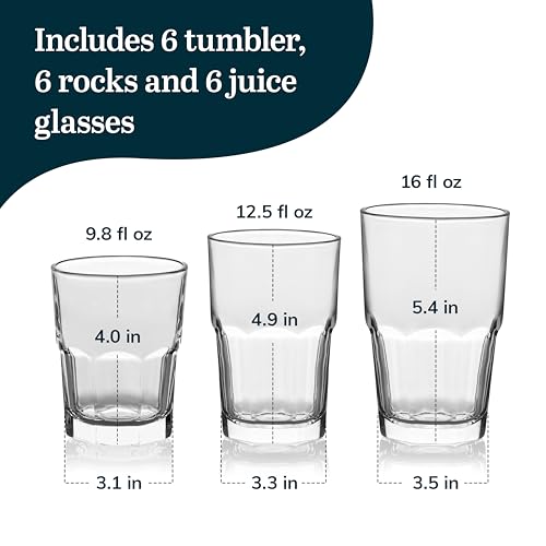 18-Piece Classic Stackable Drinking Glass Set - Cooler, Rocks, and Juice Cups