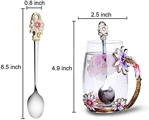 Purple Tall Enamel Flower Glass Coffee Mug with Spoon - Gift for Women