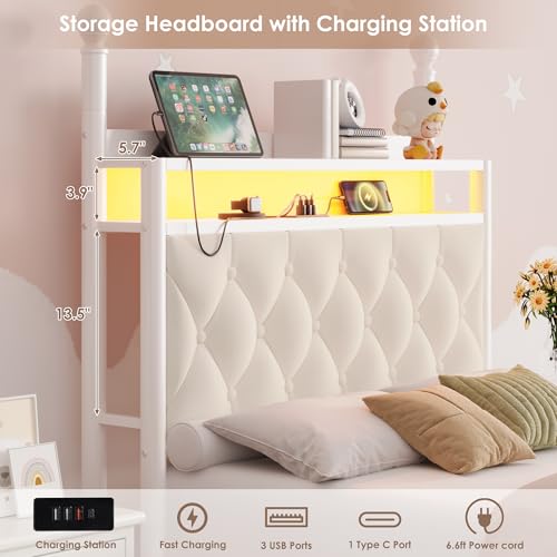 Twin Canopy Bed Frame with LED Lights, Storage Headboard & Charging Station