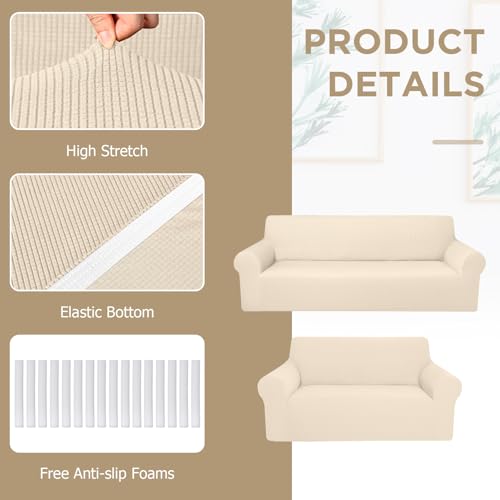 Couch and Loveseat Sofa Covers Set - Beige Fleece, Washable, Non-Slip