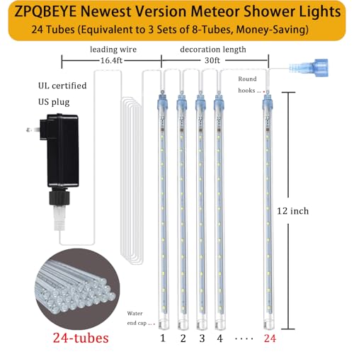 Blue Christmas Icicle Lights Outdoor 24 Tubes 48ft Meteor Shower Rain