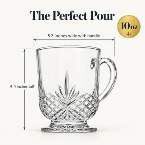 Godinger 10oz Crystal Coffee Mug Set of 4 - Clear Glass Tea Cups Dublin