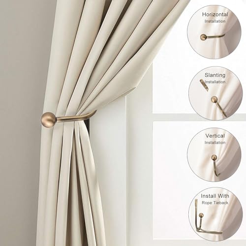 Decorative Brass Curtain Holdbacks - Set of 2 Rust-Proof Metal Wall Hooks