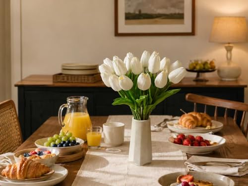 Artificial White Tulips 20-Piece Set - 13.5" Lifelike PU Faux Flowers