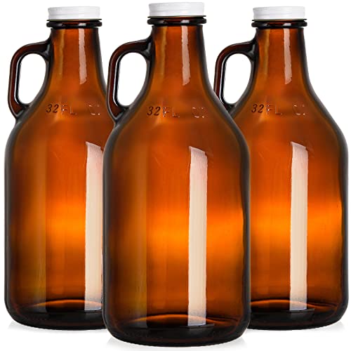 32 oz Amber Glass Growlers with Airtight Lids and Handles - 3 Pack Jugs