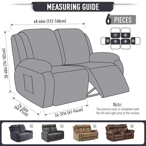 Stretch Loveseat Recliner Covers 6 Piece Set - Charcoal Grey