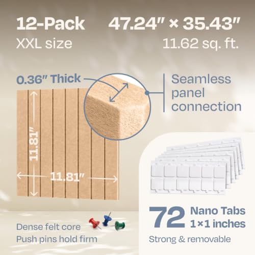 12-Pack Felt Bulletin Board Tiles - Self-Adhesive Wall Pin Board Set
