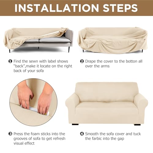 Sofa and Loveseat Covers Set - Cream, Stretchy Polyester & Spandex, Non-Slip, Machine Washable