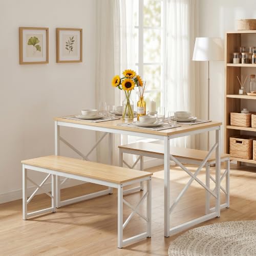 43-Inch 3-Piece Dining Table Set with 2 Benches for Small Spaces