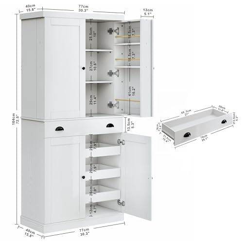 72" Tall Kitchen Pantry Cabinet with Sliding Racks and Drawer, White