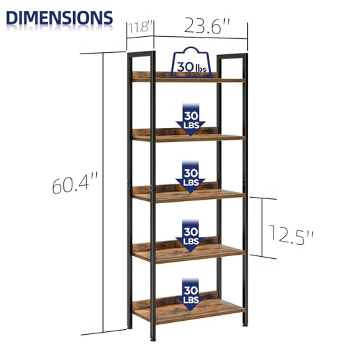 5-Tier Freestanding Bookshelf - Metal Frame & Wood Shelving Unit
