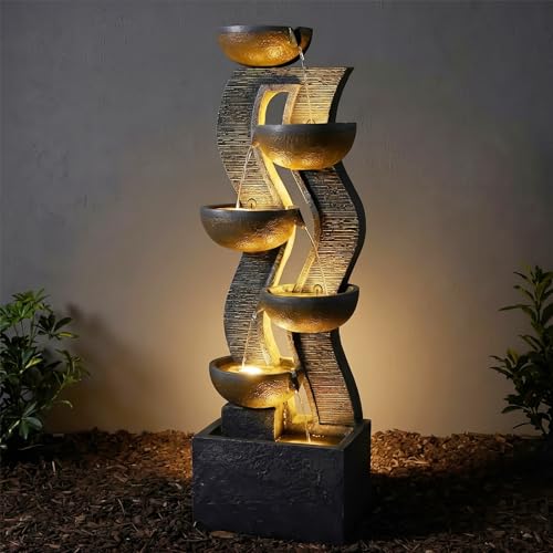 53-Inch 6-Tier Modern Floor Water Fountain with LED Lights for Garden Patio