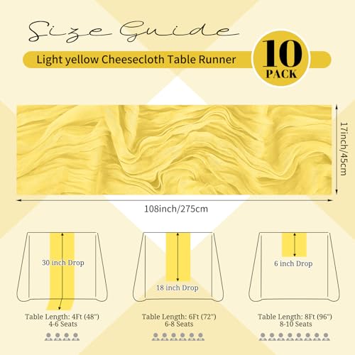 10 Pack Light Yellow Cheesecloth Table Runner 17x108 Inch Boho Gauze Linen